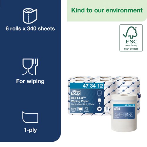 Tork Reflex M4 Centrefeed Wiping Paper 1-Ply 114m (Pack of 6) 473412 SCA06256 Buy online at Office 5Star or contact us Tel 01594 810081 for assistance