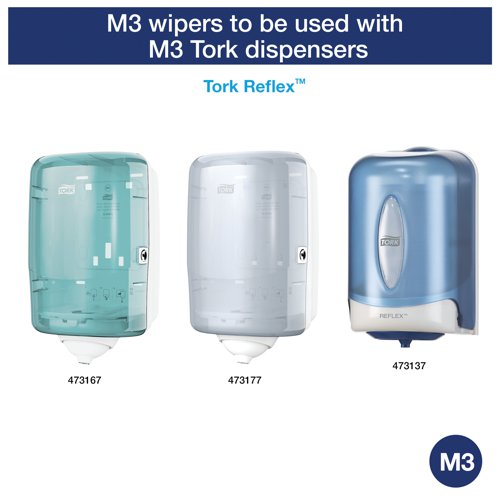These industrial paper rolls are designed for use in the Tork Reflex Dispenser, creating a hygienic, single sheet centrefeed dispensing system. Reducing consumption by up to 37% and minimising the risk of cross-contamination, waste is reduced by dispensing large sheets one at a time. This strong and absorbent wiping paper is ideal for mopping up spills, wiping surfaces, or drying hands. The mini size is ideal for smaller kitchens and washrooms where space is limited. Each roll is 63 metres long and contains 200 2-ply sheets.