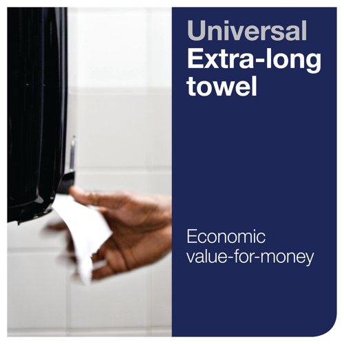 Designed for use in the Tork Matic H1 dispenser, this hand towel roll has a very high capacity, ideal for busy washrooms. Designed for one sheet at a time dispensing, the 1-ply paper is soft and absorbent for efficient hand drying. The white hand towels are supplied on extra long 280m rolls for long lasting use. This pack contains 6 rolls offering an economical, low maintenance solution to washrooms with high frequency such as schools or airports.