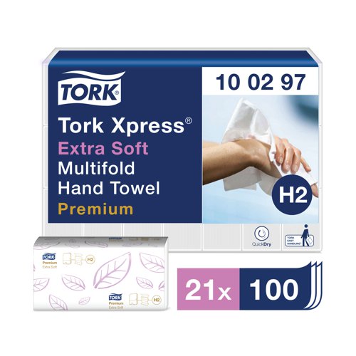 Providing a comfortable way to dry hands, the Tork interfold, extra soft, embossed hand towels are perfect for keeping the workplace as hygienic as possible. Highly absorbent, these hand towels are tear-resistant and economical to use. For use with Tork Xpress hand towel dispensers to create a hygienic and cost effective dispensing system, preventing cross contamination and improving hygiene around the workplace. This pack contains 21 sleeves containing 100 white sheets.