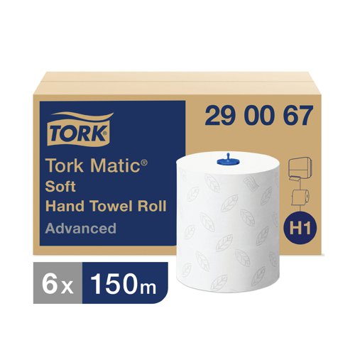 Designed for use in the Tork Matic H1 dispenser, this premium 2-ply hand towel roll is soft and absorbent for efficient, comfortable hand drying. Designed for one sheet at a time dispensing, the embossed white hand towels feature an attractive leaf design. Ideal for busy washrooms, the hand towels are supplied on 150m rolls for long lasting use. This pack contains 6 rolls.