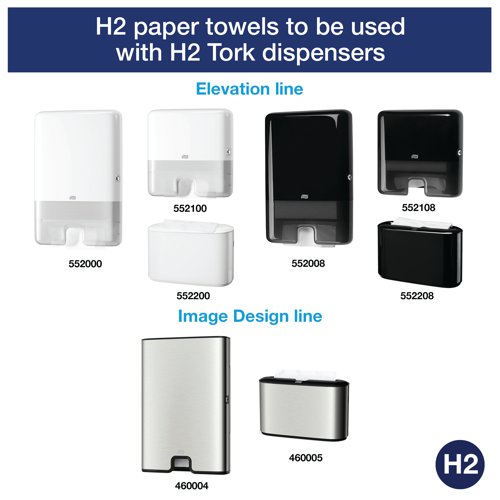 Designed for use in the Tork H2 dispenser, these premium 2-ply hand towels are soft and absorbent with QuickDry technology for fast and efficient hand drying. The multi-fold towels are designed to hygienically dispense one at a time to reduce consumption. The tear-resistant, embossed towels are white with an attractive leaf design offering a high quality appearance. This pack contains 21 sleeves with 150 hand towels per sleeve and each towel measures 255mm x 212mm (unfolded).