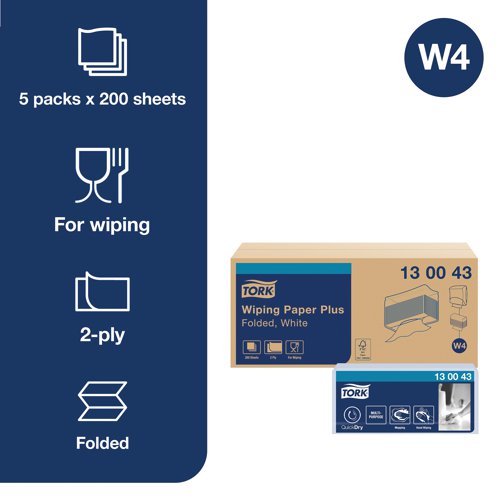 SCA18343 | These 2-ply multipurpose, absorbent wiping sheets are ideal for mopping up liquids and and for hand drying. This paper is for use with the Tork folded wiper and cloth dispenser that protects the refills from dirt to improve hygiene in the workplace and offers easy dispensing to reduce consumption and waste.