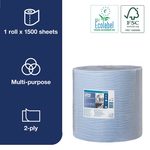 SCA18355 | This 2-ply strong and absorbent, multipurpose wiping paper is ideal for mopping up liquids, clean lightly soiled surfaces and dry hands effectively. It can be used with either one of the Tork Floor or Wall Stand dispensers which are developed for safety, efficiency and reliability with their easy load and tear-off features and the possibility to take the required paper with only one hand.