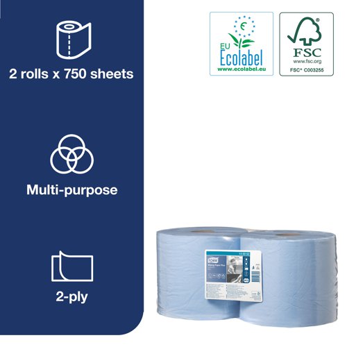 SCA18358 | These 2-ply multipurpose wiping paper rolls with QuickDry finish are ideal for mopping up liquids and for hand drying in high-paced, professional environments. Designed for use with either one of the Tork Floor or Wall Stand dispensers which are developed for safety, efficiency and reliability with their easy load and tear-off features and the possibility to take the required paper with only one hand.