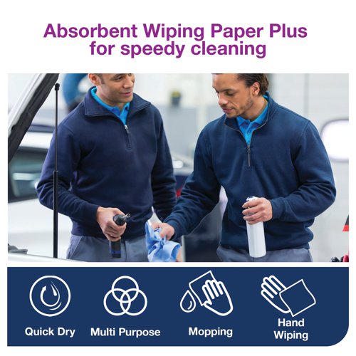 These 2-ply multipurpose wiping paper rolls with QuickDry finish are ideal for mopping up liquids and for hand drying in high-paced, professional environments. Designed for use with either one of the Tork Floor or Wall Stand dispensers which are developed for safety, efficiency and reliability with their easy load and tear-off features and the possibility to take the required paper with only one hand.