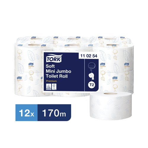 Mini jumbo toilet rolls are ideal for medium to high-traffic washrooms where space may be an issue. The Tork Mini Jumbo system is ideal as it offers far more paper than regular rolls, saving cost and maintenance time. Designed for use with the T2 system; a hygienic and cost-effective toilet roll dispensing solution. This premium roll contains 850 sheets of soft 2-ply paper, printed with the Tork leaf design and embossed for an extra thick, luxury feel. Each roll is 170 metres in length and this pack contains 12 rolls for long lasting use.
