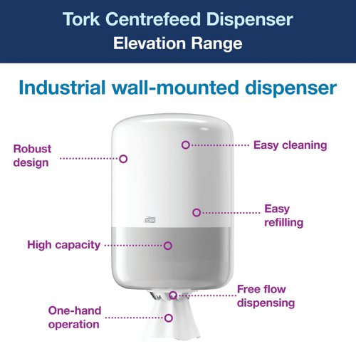 SCA34938 | Tork Centrefeed dispenser in Elevation design is a high capacity versatile solution for professional environments where both hand and surface wiping is required. Wipe surfaces quickly, due to the unrestricted flow feature that allows users to take as much as their task needs. Elevation dispensers have a functional and modern design. Sturdy plastic construction.