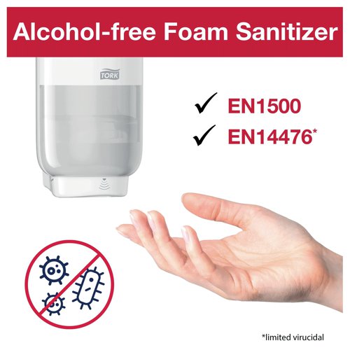 Tork alcohol-free foam sanitiser with lactic acid is the perfect choice for waterless hand hygiene when alcohol is not an alternative. The product is easy to transport and to handle as it does not carry warning symbols. Formula contains 100% plant-based ingredients plus water and is also 100% biodegradable, making this a responsible choice. Dermatologically tested formula, moisturising and gentle to the skin. Suitable for all Tork Skincare Dispensers (S4).