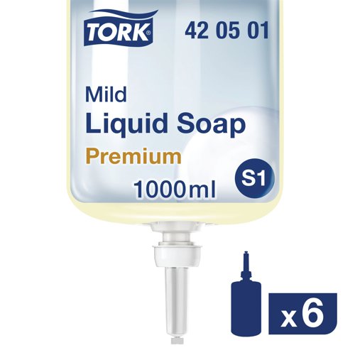 For a mild soap that keeps skin soft while eliminating all dirt and grime, Tork Liquid Hand Soap is an all purpose soap with a fresh scent suitable for all skin types. With moisturising and replenishing ingredients that are mild to the skin for gentle hand washing, the soap is designed to prevent the spread of microbes and bacteria, preventing contamination around the workplace. Suitable for use in Tork liquid soap dispensers, each refill contains 1,000 shots of soap.
