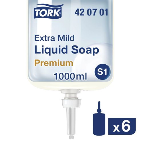 For use with Tork S1 liquid soap dispensing systems, this extra mild soap keeps skin soft while eliminating all dirt and grime with a perfume and colour free formulation. Gentle on the skin, the soap is certified by ECARF, the European Centre for Allergy Research Foundation. Designed to prevent the spread of microbes and bacteria, this soap helps to prevent contamination around the workplace. For use with Tork liquid soap dispensers, this refill boasts 1,000 shots per refill.
