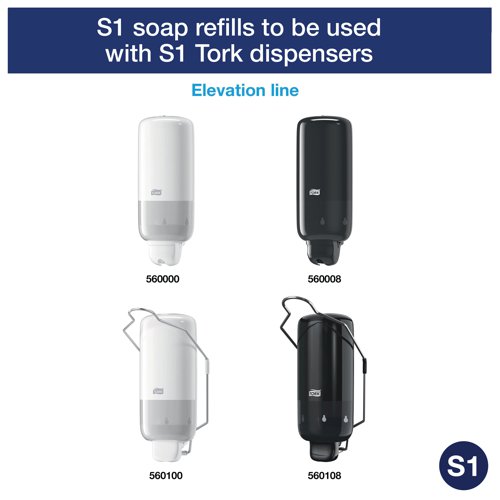 For use with Tork S1 liquid soap dispensing systems, this extra mild soap keeps skin soft while eliminating all dirt and grime with a perfume and colour free formulation. Gentle on the skin, the soap is certified by ECARF, the European Centre for Allergy Research Foundation. Designed to prevent the spread of microbes and bacteria, this soap helps to prevent contamination around the workplace. For use with Tork liquid soap dispensers, this refill boasts 1,000 shots per refill.