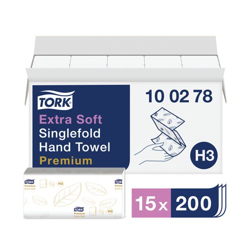 These Tork paper hand towels will dry hands quickly and thoroughly and are easily disposed of after use. With a premium 2-ply construction, the absorbent, tear-resistant, Extra Soft Single Fold Hand Towels are gentle on the hands with a high quality feel. The economical towels feature a transparent, embossed leaf pattern which adds to the luxurious look and feel. This pack includes 15 sleeves, with 200 towels per sleeve to be used in conjunction with Tork C-Fold and single fold towel dispensers.