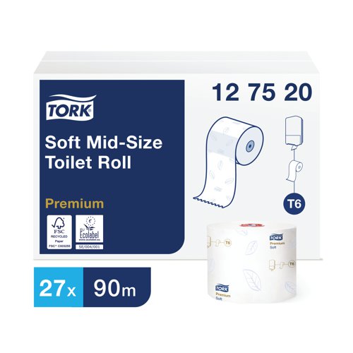 These soft toilet rolls are designed for use with the Tork Twin Mid-Size Toilet Roll Dispenser to create a hygienic and cost effective washroom solution. Each roll has 90 metres of extra soft, 2-ply paper for premium performance and absorbency combined with a superior look and feel. Ideal for low to medium traffic washrooms, in dispensers, these high capacity rolls hold the equivalent of four to five standard rolls. This pack contains 27 rolls for long lasting use.