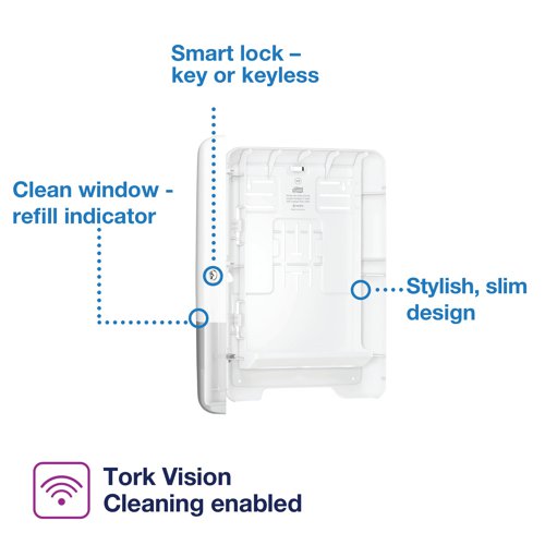 SCA49122 | An attractive housing unit for Tork H2 multi-fold hand towels, this Tork Xpress hand towel dispenser is ideal for low to medium traffic washrooms, in a sleek and stylish finish. The space saving design with a front opening to allow easy towel refilling. The dispenser will dispense one sheet at a time, reducing consumption and waste and encouraging users to use only what is necessary. Supplied in a white high gloss finish, premium quality plastic housing. With an opaque lower section to easily see when towel stock is getting low.