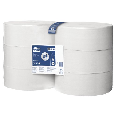 SCA52702 | These jumbo toilet rolls from Tork are for use in the T1 dispensing system, a cost-effective and hygienic dispenser suitable for high traffic washrooms. Each roll contains high quality 2-ply paper, printed with the Tork leaf design. Each jumbo roll is 340 metres long and contains 1,700 sheets, speeding up the refill process and boosting staff productivity.