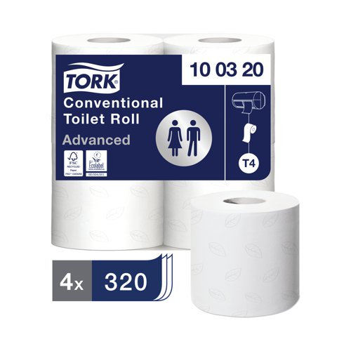 These Tork high quality toilet rolls are suitable for low traffic washrooms for use in the Tork T4 toilet roll dispenser which holds two rolls, thus reducing the frequency of refills. The absorbent, 2-ply white toilet paper is embossed with an attractive design and is soft for improved comfort. This bulk pack contains 36 white rolls, each containing 320 sheets for long lasting use.
