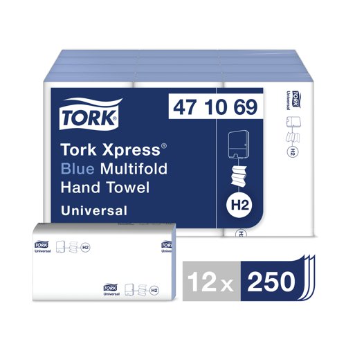 These blue multi-fold, disposable hand towels from Tork are for use with the Tork Xpress dispensers, ideal for washrooms with medium traffic, the premium hand towels are 1-ply and have a high absorbency for drying hands, dishes and surfaces. These hand towels are multi-fold for one at a time dispensing, saving money and preventing waste. This pack contains a total of 3,000 blue hand towels (12 sleeves of 250 sheets).