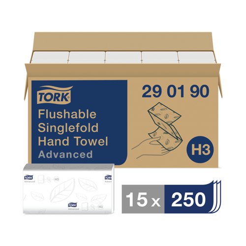 Tork Singlefold Hand Towel H3 Flushable White 250 Sheets (Pack of 15) 290190 - SCA56936