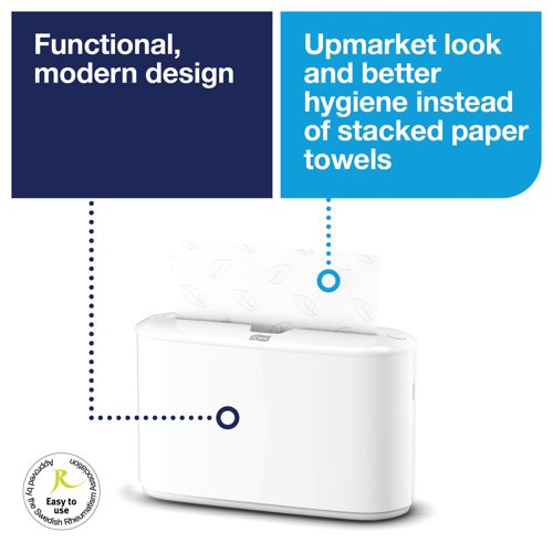 SCA65316 | This slim and compact counter top hand towel dispenser is compatible with Tork Xpress multi-fold Hand Towels and is ideal for smaller spaces. Perfect for medium traffic washrooms, the dispenser is cost effective and efficient due to individual towel removal and easy to load design. Featuring a high gloss finish, the dispenser has a hygienic hard plastic cover in a crisp, modern design.