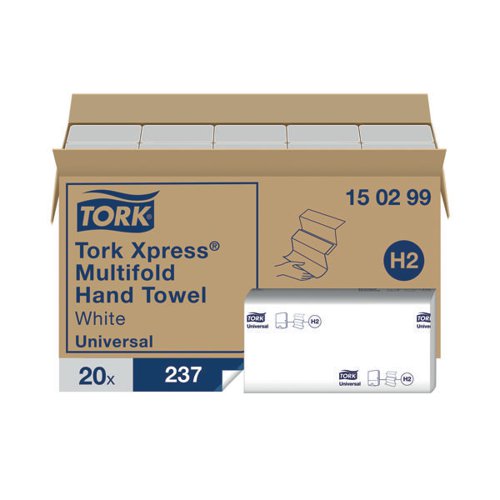 Designed for use in the Tork H2 dispenser, these Tork Xpress multifold paper hand towels are strong and absorbent for fast and efficient hand drying. The interfold towels are designed to dispense one at a time to reduce consumption. Each tear-resistant, 2-ply towel measures 240 x 213mm (unfolded). This pack contains 20 sleeves with 237 hand towels per sleeve (4740 sheets in total).