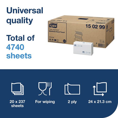 Tork Xpress Multifold Hand Towel Universal H2 20 Sleeves White (Pack of 4740) 150299 - SCA72368