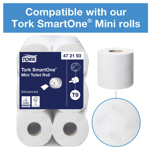 SCA75522 | Innovative sheet by sheet dispensing through the centre of this Tork SmartOne dispenser reduces consumption and saves money. Ideal for washrooms with high traffic, this twin dispenser holds two mini SmartOne toilet rolls in a modern, hygienic design which fully encloses the toilet rolls, reducing costs up to 40% compared to traditional jumbo toilet roll dispensers. This pack contains one white, lockable dispenser measuring W398 x D156 x H221mm.