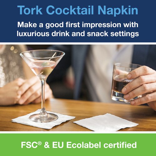Designed for use in bars and cafes where snacks and drinks are served, these high quality, Tork cocktail napkins are simple and elegant. Featuring a soft yet durable 2-ply construction, each white napkin measures 240 x 238mm (unfolded). This bulk pack contains 200 napkins for everyday use, keeping tables looking stylish and hygienic.