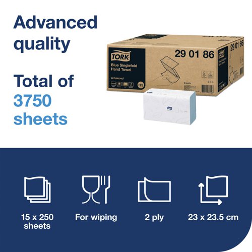Tork Singlefold Hand Towels H3 Advanced Embossed 15x250 Sheets Blue (Pack of 3750) 290186 - SCA78182