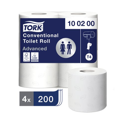 SCA82366 | These high quality Tork toilet rolls are suitable for low traffic washrooms with 200 sheets of absorbent, 2-ply, white paper per roll. Designed to impress, the embossed paper features an attractive pattern and is soft for improved comfort in use. Suitable for use with Tork T4 standard toilet roll dispensers which hold two rolls for easy access and low maintenance, this bulk pack contains 36 rolls for long lasting use.