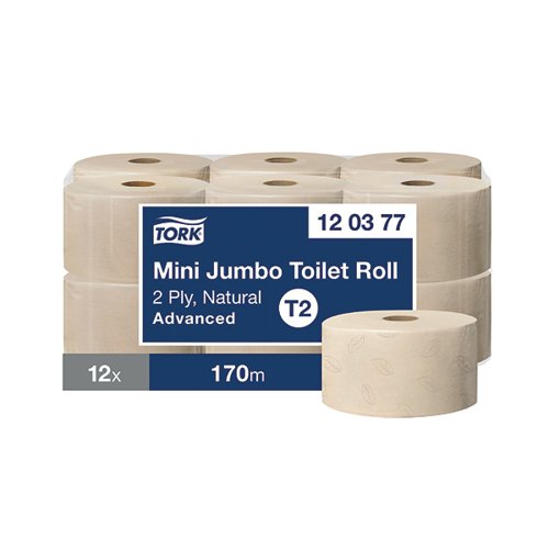 Tork Mini Jumbo 2-Ply Toilet Roll Advanced 170m Natural (Pack of 12) 120377 SCA84827 Buy online at Office 5Star or contact us Tel 01594 810081 for assistance