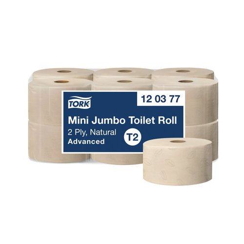 SCA84827 | The Tork Mini Jumbo system stands for time efficiency and reduced cost, offering much more toilet paper than standard rolls. Tork Mini Jumbo Toilet Roll Advanced 2 Ply balances cost and performance and is suitable for medium- to high-traffic locations. Tissue is made of 100% recycled fibres. Pack of 12 rolls.