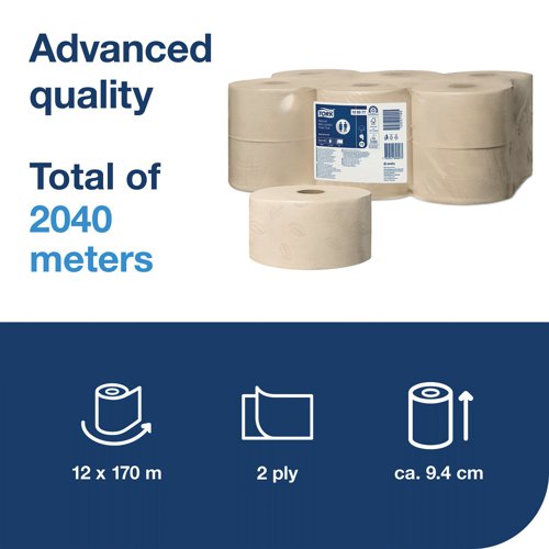 The Tork Mini Jumbo system stands for time efficiency and reduced cost, offering much more toilet paper than standard rolls. Tork Mini Jumbo Toilet Roll Advanced 2 Ply balances cost and performance and is suitable for medium- to high-traffic locations. Tissue is made of 100% recycled fibres. Pack of 12 rolls.