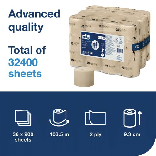 Tork Coreless Mid 2-Ply Toilet Roll Advanced Natural (Pack of 36) 471255 Essity
