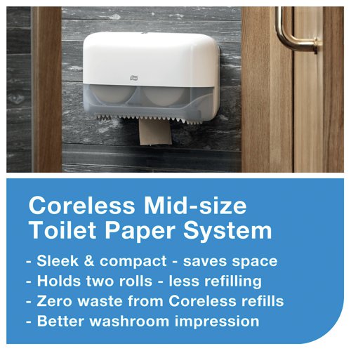 The Tork Twin Coreless Mid-Size Toilet Roll Dispenser system is ideal for low to medium traffic washrooms with a high focus on guest satisfaction. It ensures high efficiency and that toilet paper is always available for guests by holding two full mid-size rolls. Coreless rolls produce no waste. The Advanced Tork coreless 2-Ply mid-size toilet roll balances cost and performance. Tissue is made of 100% recycled fibres. Pack of 36 rolls.