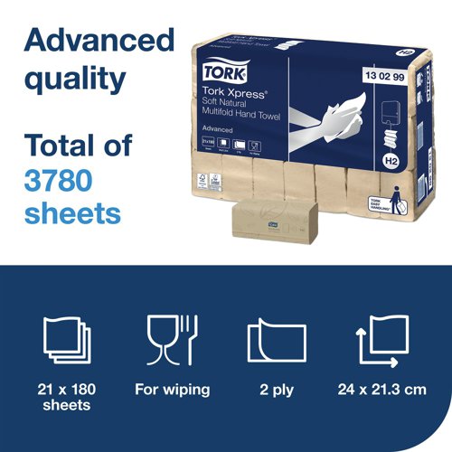 Tork Xpress Soft 2-Ply Multifold Hand Towel Advanced 180 Sheets Per Sleeve Natural (Pack of 21) 1302 Essity