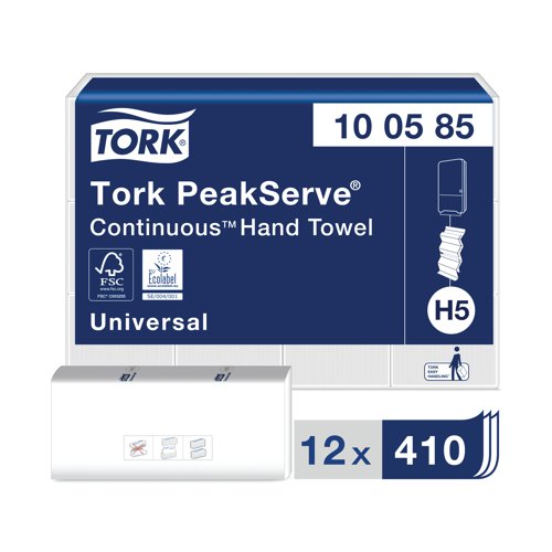 Tork PeakServe Continuous Hand Towels are compatible with Tork PeakServe systems designed for high traffic washrooms. The hand towels are dispensed quickly and without interruption to maintain washroom flow with 250% more towels per paper towel dispenser. They are fast to load, can be topped up at any time and are easy to store and transport. The patented Continuous towel system ensures that towels are dispensed one at a time in under 3 seconds, even between bundles, avoiding waste and preventing jams.