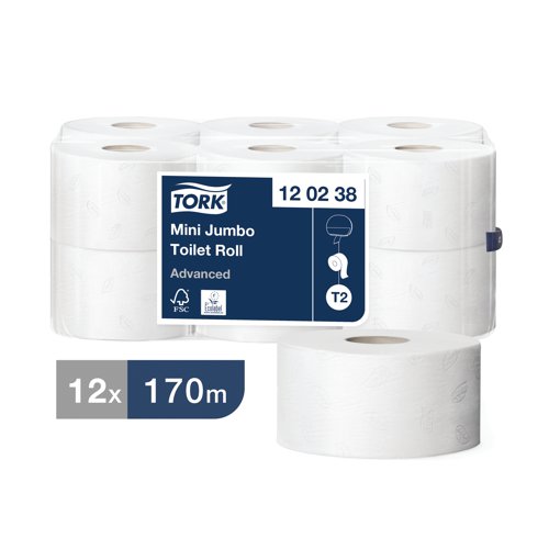 SCA89996 | These mini jumbo toilet rolls from Tork are designed for use in the T2 dispensing system; a unique and hygienic mini jumbo dispenser for medium to high traffic washrooms is in need of space-saving options. The 170 metre roll is long lasting and needs replacing less often, but is also more compact in size than a traditional jumbo toilet roll. Each roll contains high quality 2-ply paper printed with the Tork leaf design and boasts sustainable certification with improved performance.