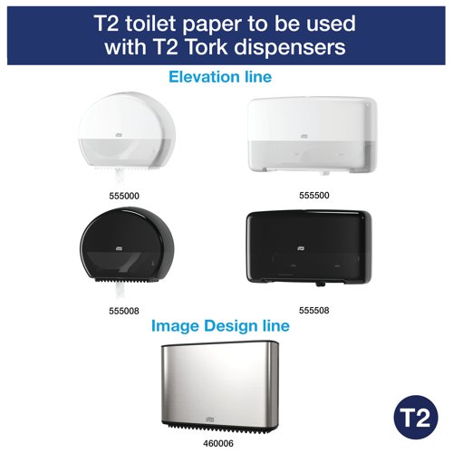 SCA89996 | These mini jumbo toilet rolls from Tork are designed for use in the T2 dispensing system; a unique and hygienic mini jumbo dispenser for medium to high traffic washrooms is in need of space-saving options. The 170 metre roll is long lasting and needs replacing less often, but is also more compact in size than a traditional jumbo toilet roll. Each roll contains high quality 2-ply paper printed with the Tork leaf design and boasts sustainable certification with improved performance.