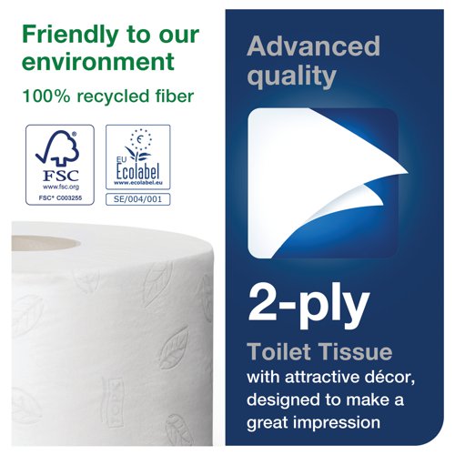 These mini jumbo toilet rolls from Tork are designed for use in the T2 dispensing system; a unique and hygienic mini jumbo dispenser for medium to high traffic washrooms is in need of space-saving options. The 170 metre roll is long lasting and needs replacing less often, but is also more compact in size than a traditional jumbo toilet roll. Each roll contains high quality 2-ply paper printed with the Tork leaf design and boasts sustainable certification with improved performance.