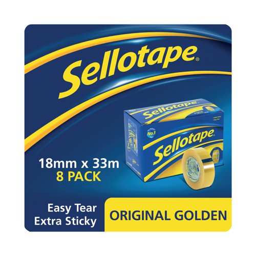 Ideal for everyday use, this Sellotape Original Golden Tape provides excellent adhesion and outstanding control. An easy tear roll lets you cleanly break off a piece of tape, without the need for scissors. This non-static, clear tape will bond paper, card and other materials quickly and efficiently. This pack contains 8 small core rolls of tape measuring 18mm x 33m.