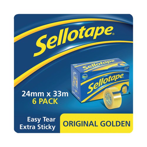 Ideal for everyday use, this Sellotape Original Golden Tape provides excellent adhesion and outstanding control. An easy tear roll lets you cleanly break off a piece of tape, without the need for scissors. This non-static, clear tape will bond paper, card and other materials quickly and efficiently. This pack contains 6 small core rolls of tape measuring 24mm x 33m.