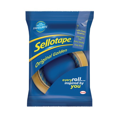 Ideal for everyday use, this Sellotape Original Golden Tape provides excellent adhesion and outstanding control. An easy tear roll lets you cleanly break off a piece of tape, without the need for scissors. This non-static, clear tape will bond paper, card and other materials quickly and efficiently. This pack contains 6 large core rolls of tape measuring 48mm x 66m.