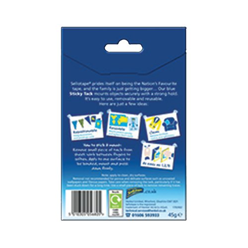 Sellotape blue sticky tack mounts objects securely with a strong hold. Easy to use, removable and reusable, this sticky tack is applied by softening between fingers, sticking to the surface, mounting and pressing down firmly. Ideal for use around the home from hanging decorations to removing lint from clothing. Supplied in one 45g pack.