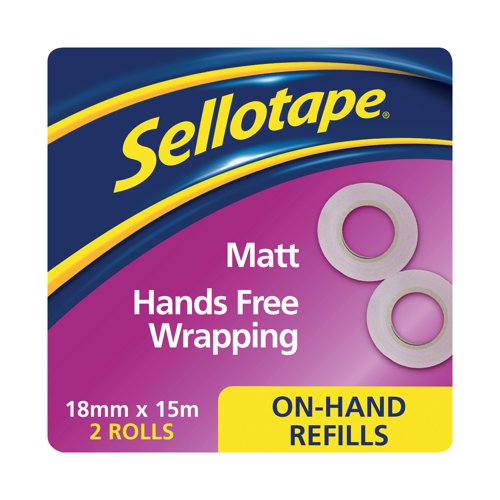 SE05996 | This refill is for use with the Sellotape On-Hand Dispenser (available separately) for hands free wrapping and crafting. The invisible matte tape is repositionable, can be written on and will not show on photocopies. Each roll of tape measures 18mm x 15m. This refill pack contains 2 rolls of tape.