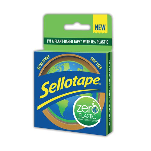 Sellotape Zero Plastic performs just as well as Original Golden Sellotape but is 100% plant based and plastic free! Supplied on a compostable and biodegradable roll, this sustainable sticky tape is made from cellulose film and naturally based glue and contains 0% plastic. The tape is anti-tangle and easy to tear so there is no need to use scissors, or your teeth. The box and core can be put into the recycling bin and the tape itself can be disposed of in industrial composting bins. The packaging, tape and inner core then disintegrate into natural elements. Ideal for improving your office sustainability, these rolls fit all large core tape dispensers.