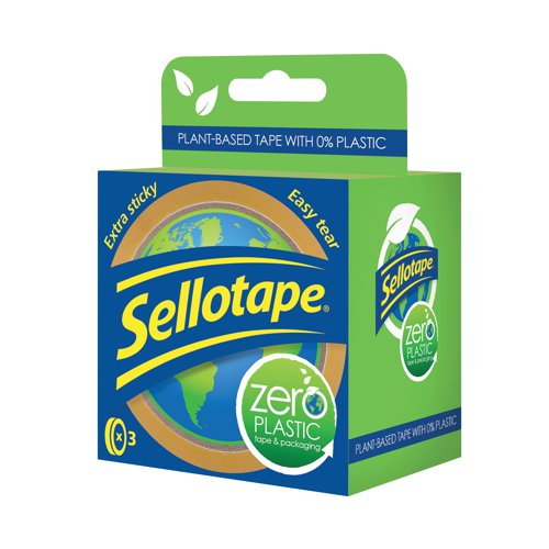 Sellotape Zero Plastic performs just as well as Original Golden Sellotape but is 100% plant based and plastic free. Supplied in a triple pack of compostable and biodegradable rolls, this sustainable sticky tape is made from cellulose film and naturally based glue which contains 0% plastic. The tape is anti-tangle and easy to tear so there is no need to use scissors, or your teeth. The box and core can be put into the recycling bin and the tape itself can be disposed of in industrial composting bins. The packaging, tape and inner core then disintegrate into natural elements. Ideal for improving your workplace sustainability, these rolls fit all large core tape dispensers.
