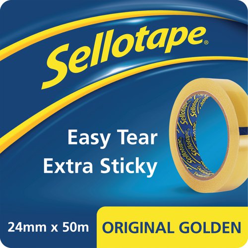 Ideal for everyday use in the office and household, this Sellotape Original Golden Tape provides excellent adhesion and outstanding control. The bond solution for most sticking tasks, including wrapping presents, sticking paper, card, envelopes and all sorts of household objects quickly and efficiently. This pack contains 1 roll of clear tape measuring 24mm x 50m.