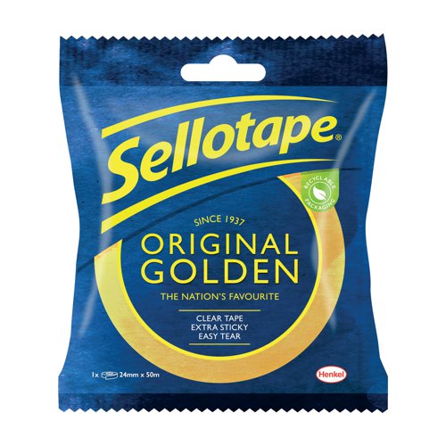 Ideal for everyday use in the office and household, this Sellotape Original Golden Tape provides excellent adhesion and outstanding control. The bond solution for most sticking tasks, including wrapping presents, sticking paper, card, envelopes and all sorts of household objects quickly and efficiently. This pack contains 12 clip strip rolls of clear tape measuring 24mm x 50m.