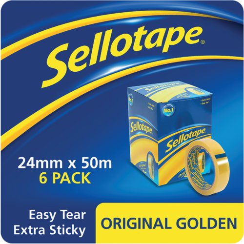 Ideal for everyday use in the office and household, this Sellotape Original Golden Tape provides excellent adhesion and outstanding control. The bond solution for most sticking tasks, including wrapping presents, sticking paper, card, envelopes and all sorts of household objects quickly and efficiently. This pack contains 6 rolls of clear tape measuring 24mm x 50m.